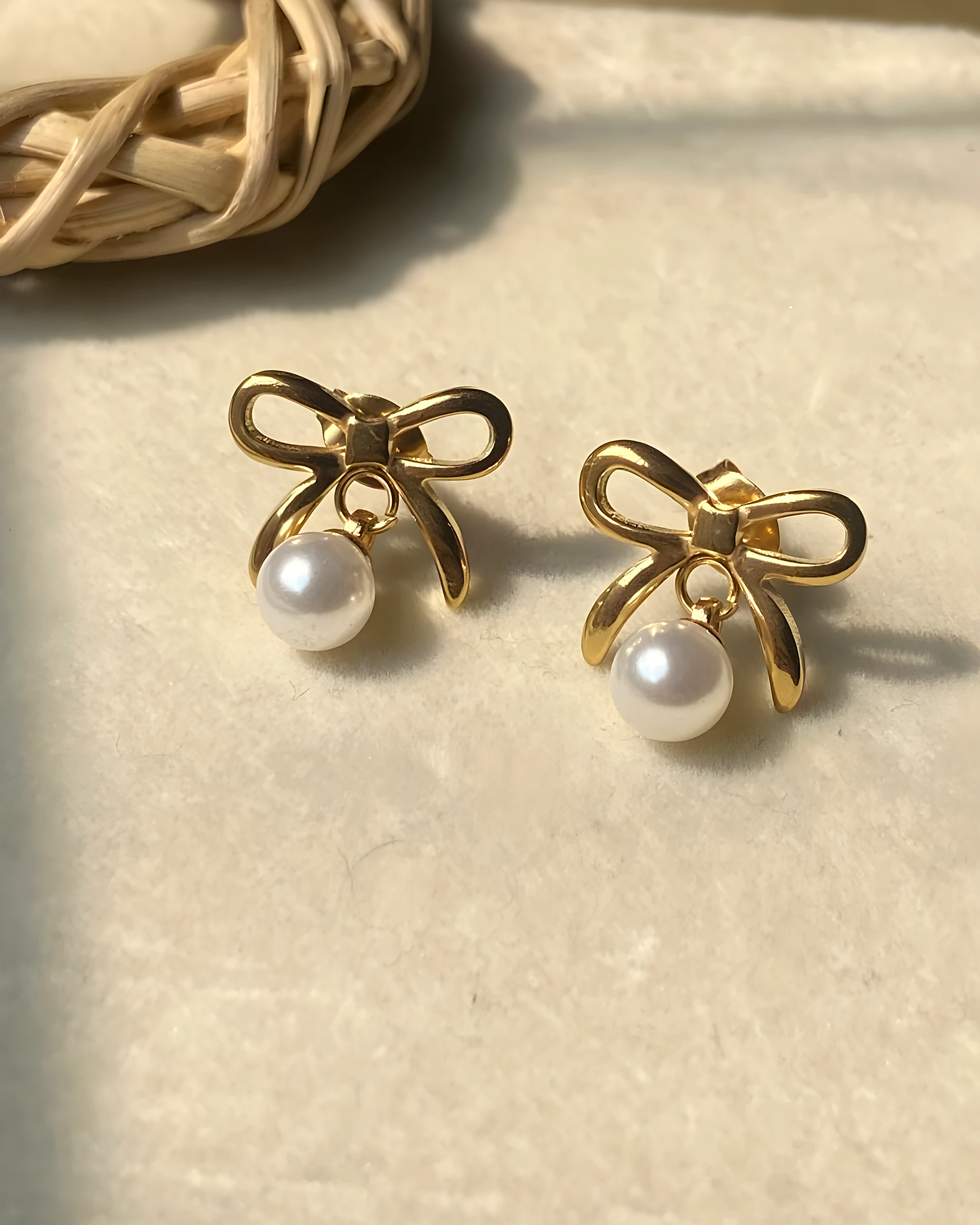 Golden Bow Pearl Stud Earrings