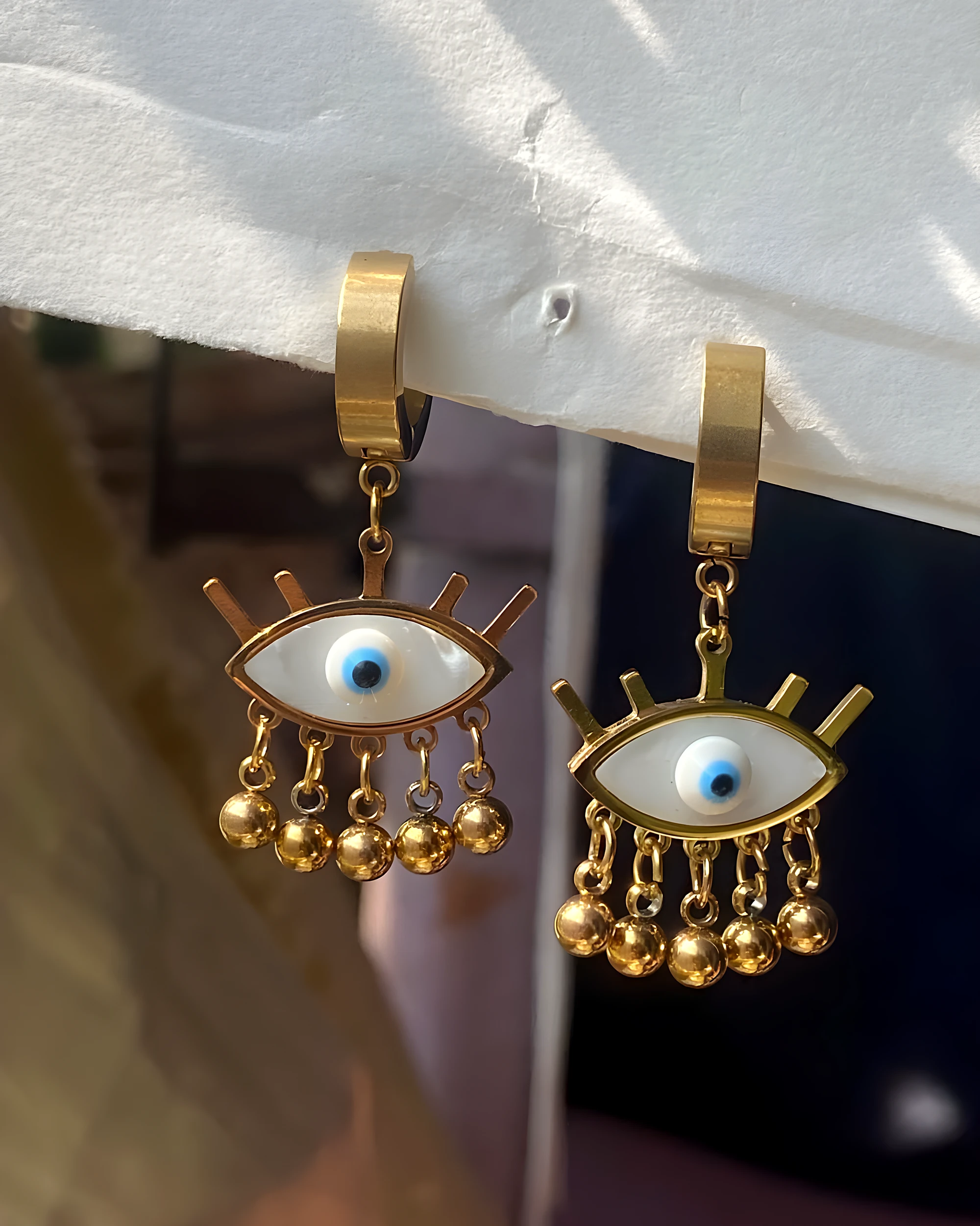 Golden Evil Eye Charm Drop Earrings